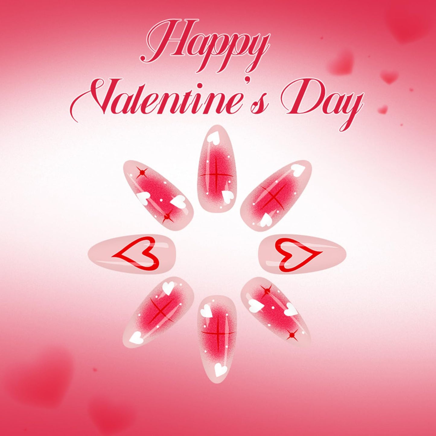 Pink Valentines Press on Nails Medium Almond Translucent Red Love Artificial Acrylic Fake Nails White Love Coffin Nails Full Cover Glossy Heart Glue on Nail Artificial Fingernails for Women Manicure