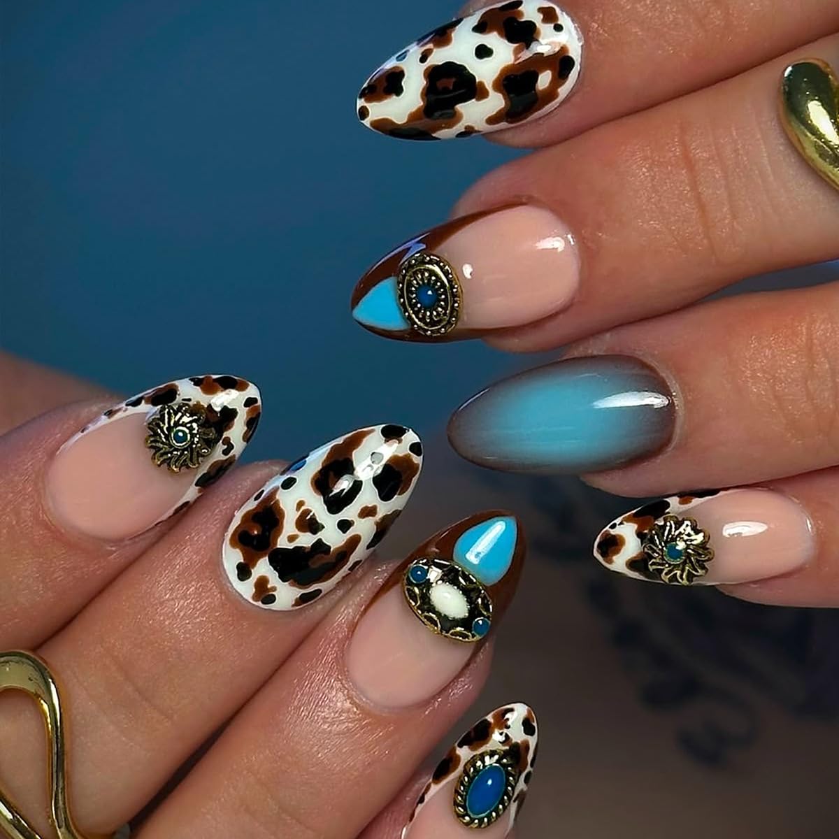 plalely Long Press on Nails Almond, Acrylic Press on Nails with Flower Designs, Long Almond Nail Tips for Women 24pcs