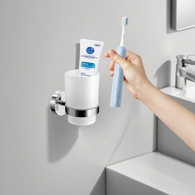 Wall Mount Toothbrush Holder with Frosted Glass Cup, Toothbrushes Toothpaste Razor Storage Organizer (Single)