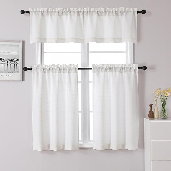 Chyhomenyc Bennet Faux Linen Slub Textured Semi Sheer Small Window Kitchen Valance Curtain, Rod Pocket Cafe Valance for Bathroom Laundry Basement, 30Wx14L inch, 2 Piece, Natural