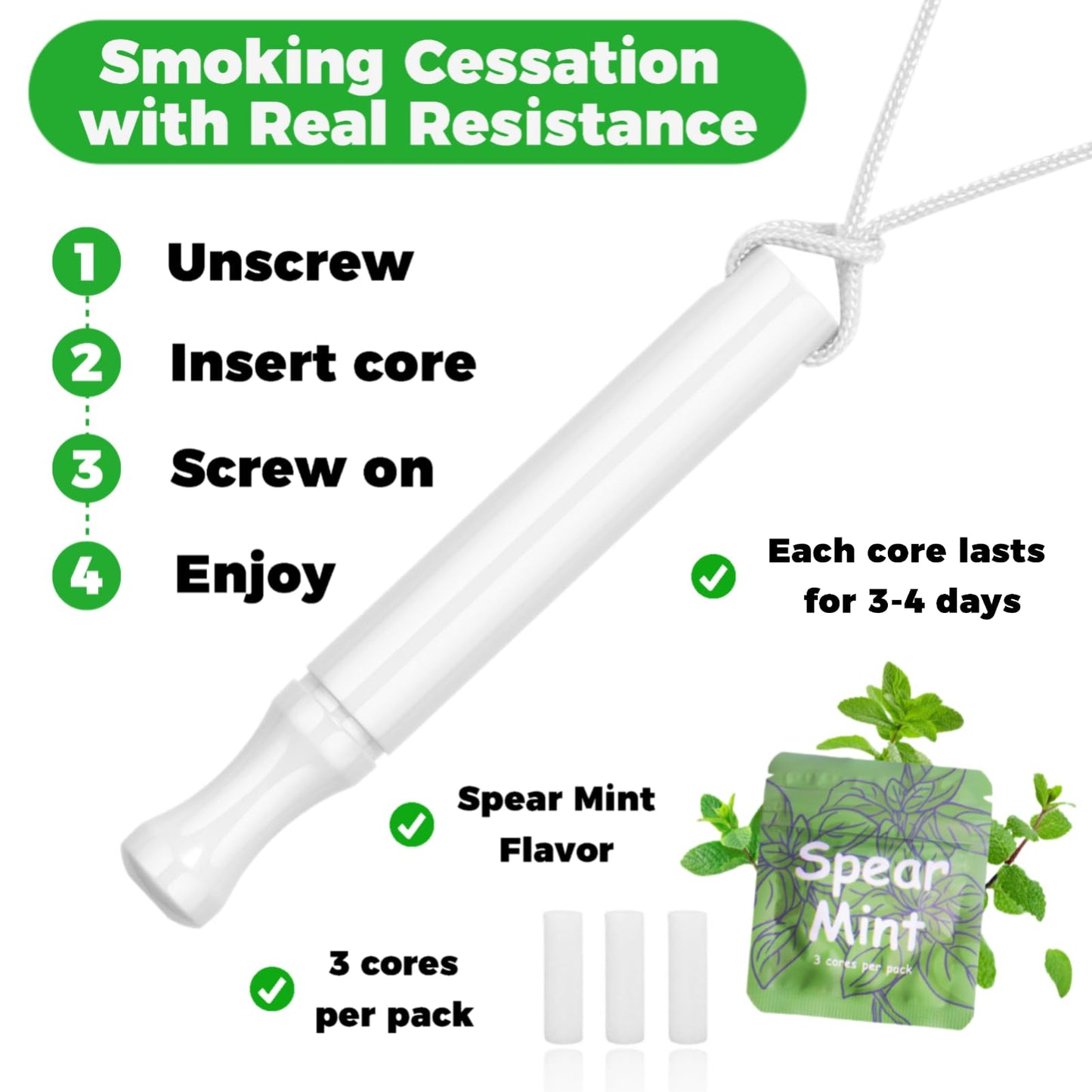 LAMKHOO Breathing Necklace to Quit Smoking and Vaping with Refillable Mint Pods, Stop Smoking Aids Fidget Necklace, Smokeless Inhaler for Adults with Enameled Surface, Includes 3 Mint Cotton Cores