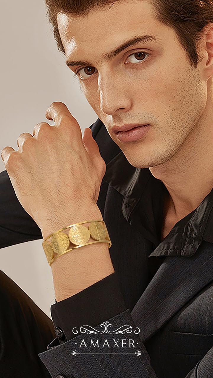 Amaxer Adjustable St. Benedict Open Cuff Bangle Bracelet for Women Men Stainless Steel Religious Jewelry 0.88in Wide (gold)