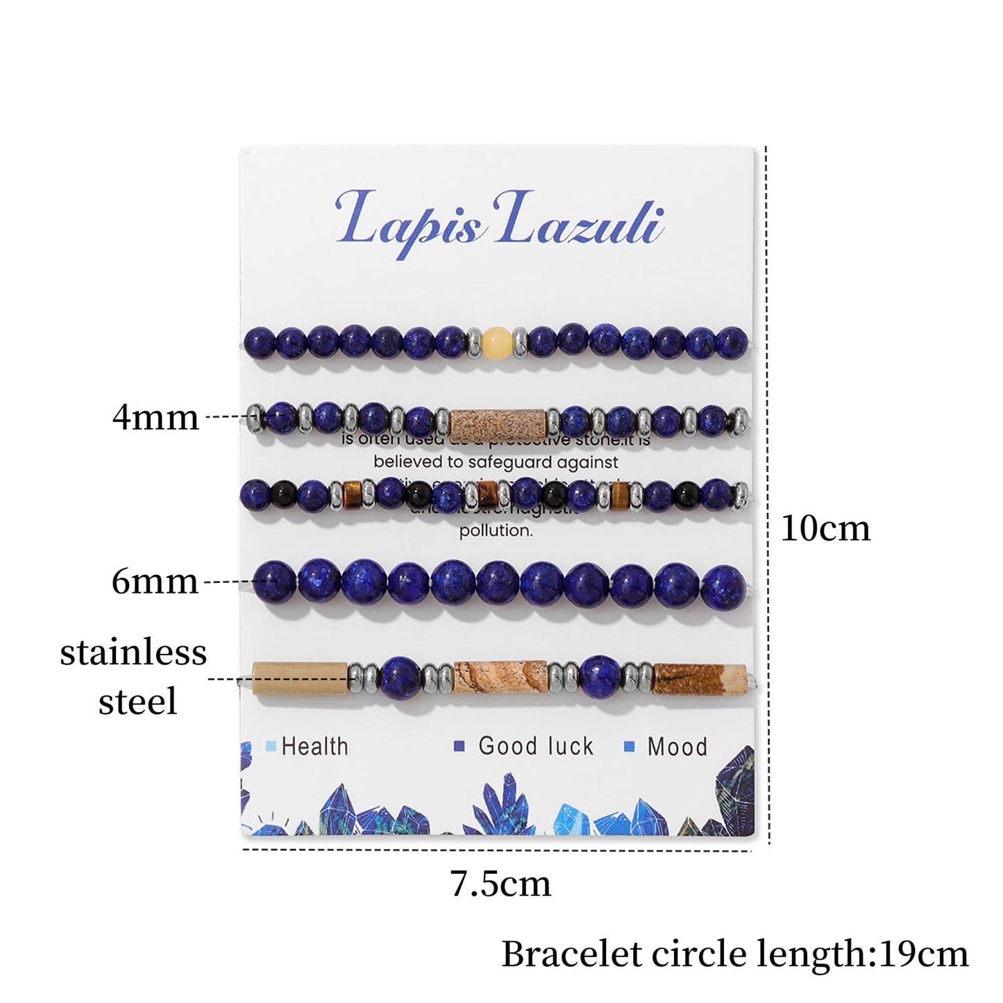 Lit Wall 5Pcs Lapis Lazuli Bracelet Set - Blue, Round, 4mm & 6mm, Adjustable, Stretch, No Metal, Unisex, 5 Count, Perfect for Occasions