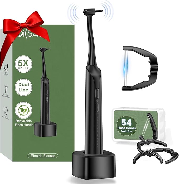 Electric Flosser for Teeth, Water Flosser Alternative with 5 Speeds + 54 Refill Heads, 5X Cleaning & 60 Day Battery Life, Oscillation Gliding for Sensitive Gum Care, Dentist Recommended -Black