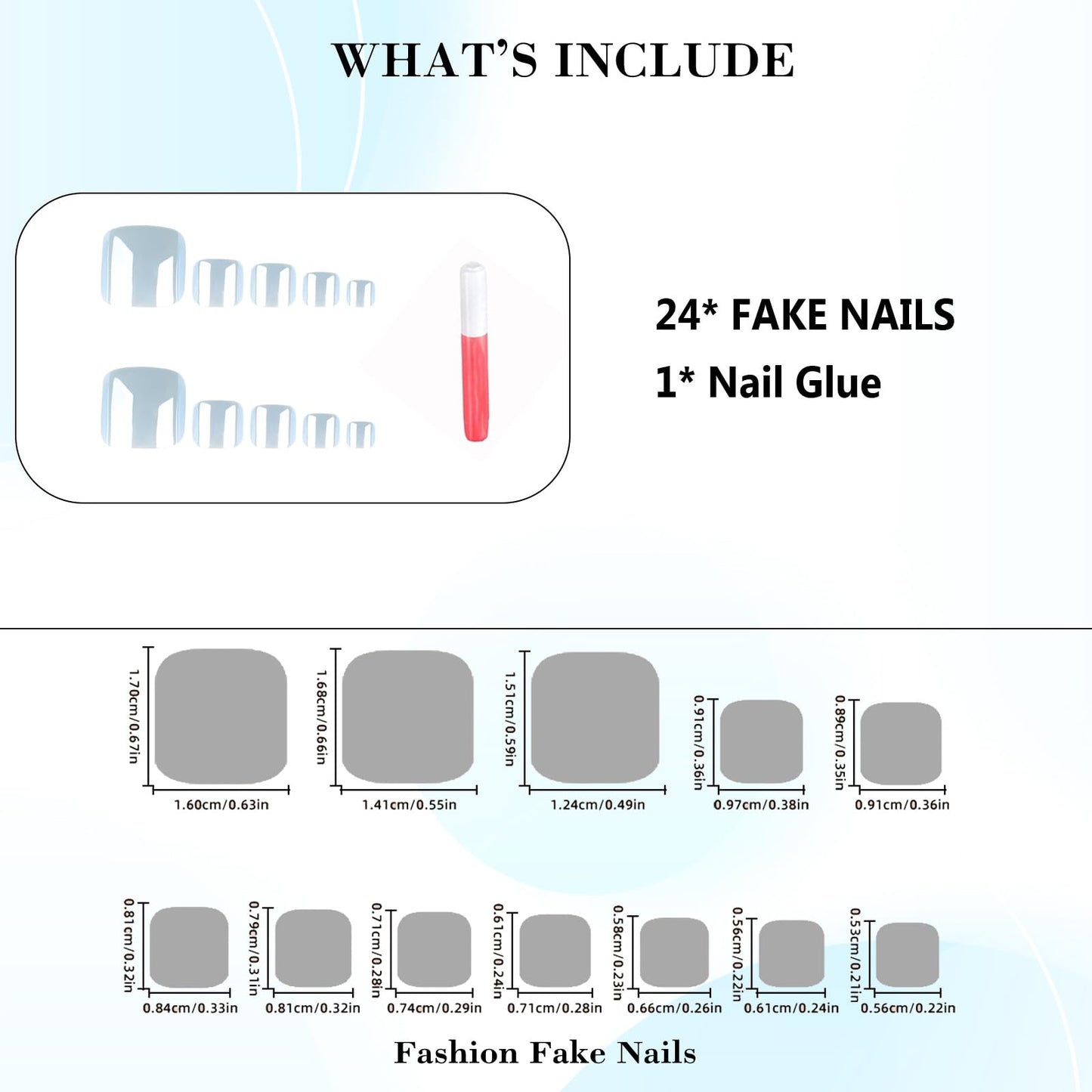 IMRAIN Blue Press on Toenails Short Square Fake Toe Nails Glossy Acrylic Chrome Glue on Toenails 12 Sizes - 24 Toe Nail Kit with Glue