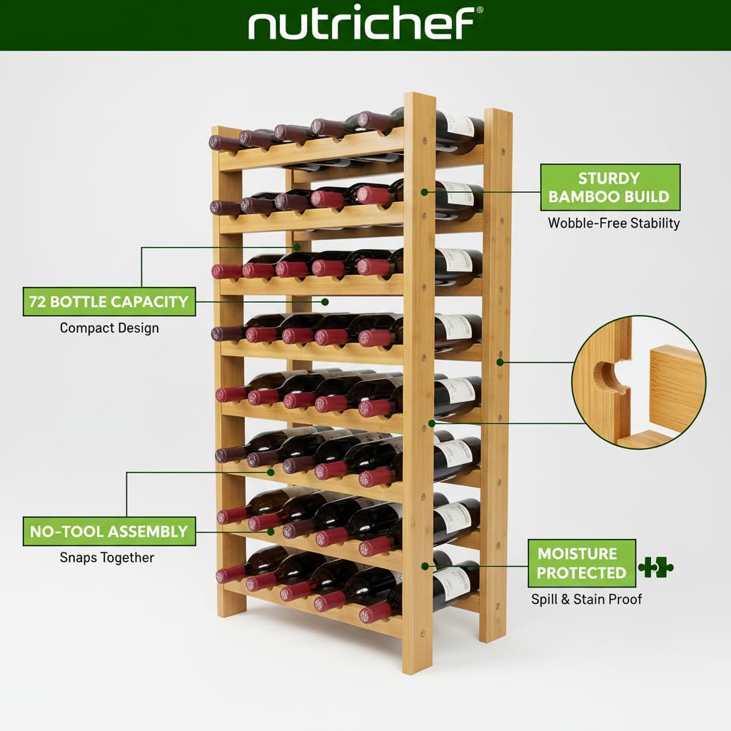 NutriChef 72 Bottle Wine Rack Stackable Bamboo Freestanding, 8-Tier Modular Shelf, Sturdy Wobble Free, Upgraded 2026 Design, Easy No-Tool Assembly for Kitchen, Cellar or Bar Storage 33.5" x 10" x 41"