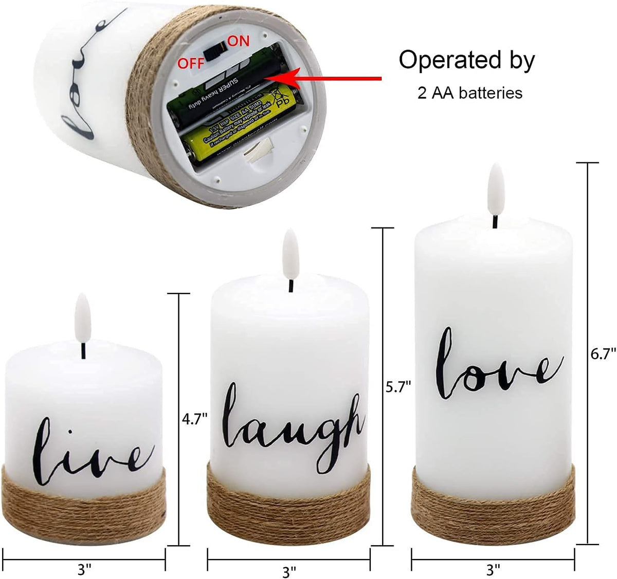 GenSwin Flameless LED Candles with Hemp Rope & Remote Timer, Real Wax Battery Operated Pillar Candles Live Laugh Love, Realistic 3D Wick Flickering Gift (D3 x H4.7 5.7" 6.7", Pack of 3)
