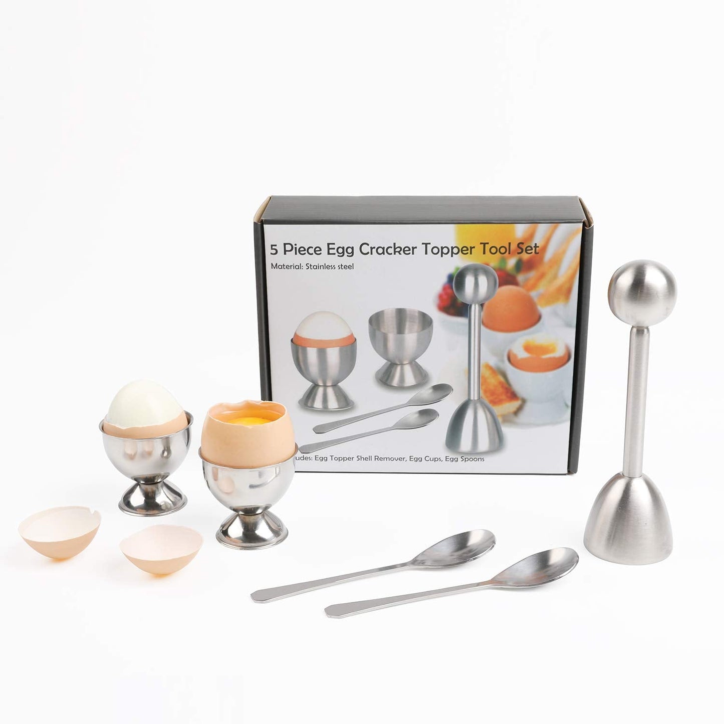 Soft Hard Boiled Egg Cutter Topper Set Egg Cracker with Include 2 Cup 2 Spoon 1 Topper Cutter Shell Separator Remover Stainless Steel Kitchen Tool