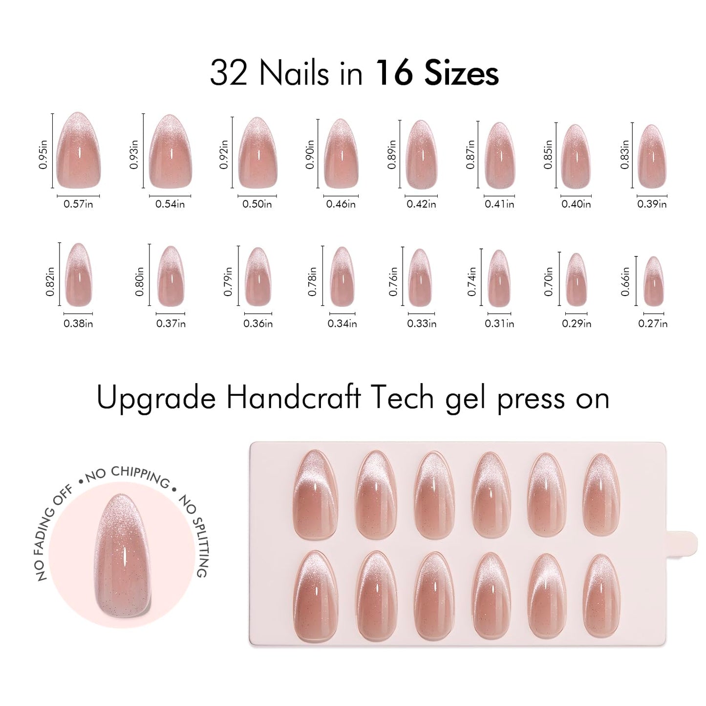 VSALON Press On Nails Almond Medium, Cat Eye French Tip Nude Pink Sparkly Fake Nails With UV Glue Reusable Semi-transparent Spring Wedding Stick On Nails 32 Pcs 16 Sizes