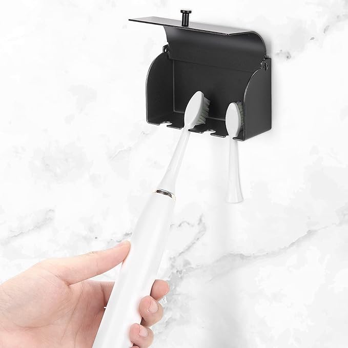 4-Slot Stainless Steel Toothbrush Holder with Cover - Wall Mounted, Dustproof, Self-Adhesive, Rustproof Bathroom Organizer for Toothbrush Storage (Black)