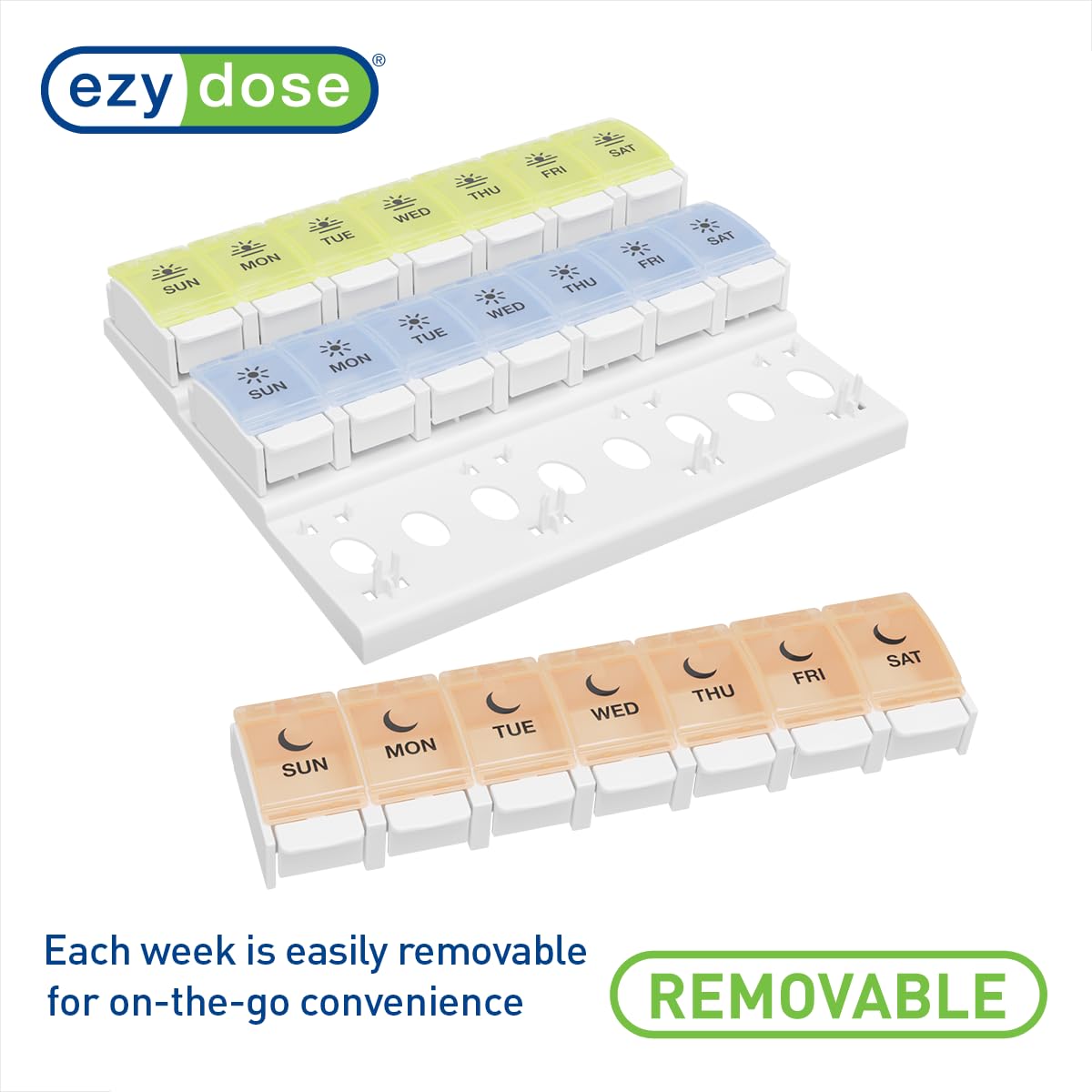 EZY DOSE Weekly (7-Day) Pill Case, Daily Medicine Planner, Vitamin Organizer Container, Large Push Button Compartments, Easy to Use, 3 Times a Day, Spring Open Design, Pastel Rainbow Lids, BPA Free