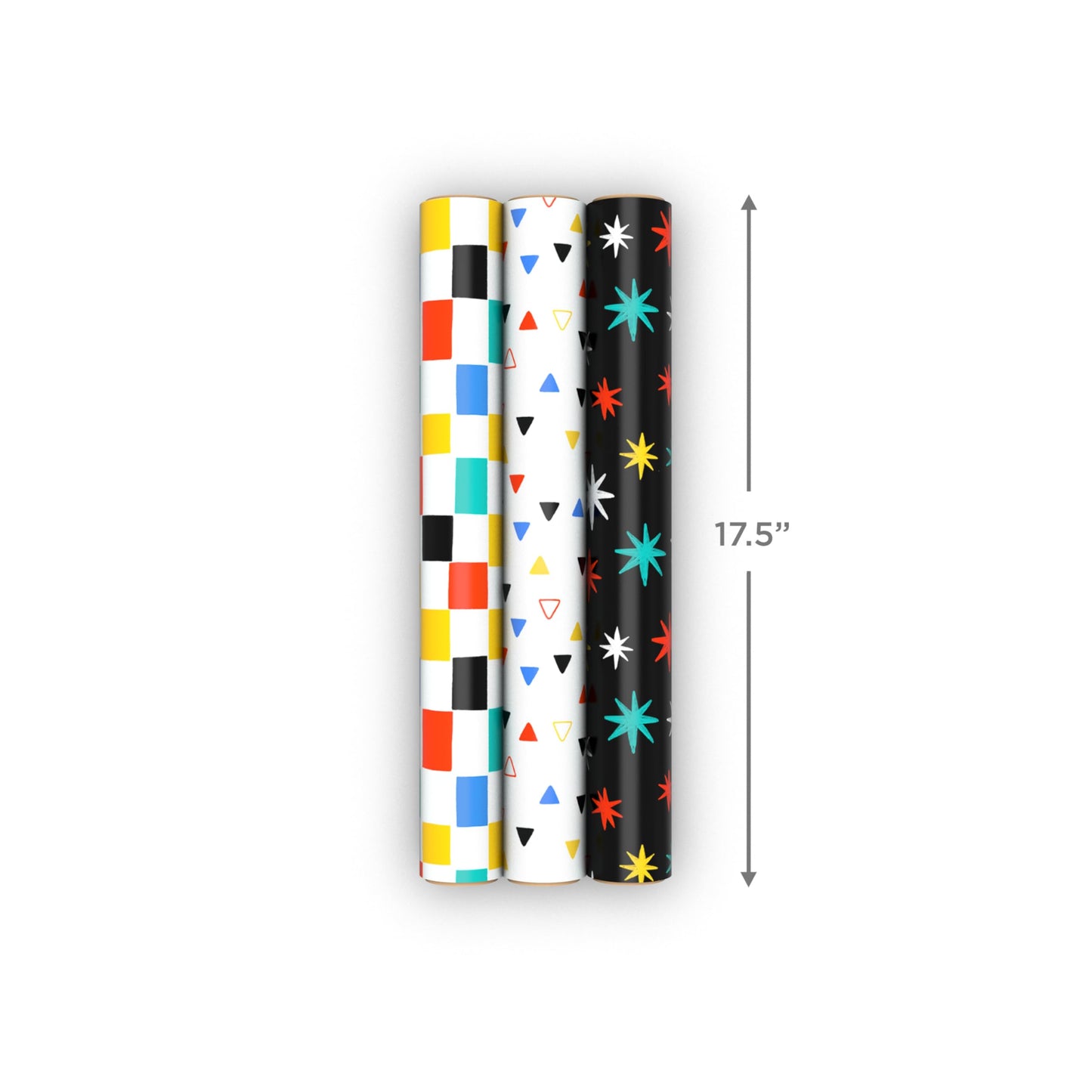 Hallmark Wrapping Paper Mini Rolls, 3-Pack (Checkered, Triangles, Starbursts) for Birthdays, Graduations, Mother's Day, Father's Day, Any Occasion - 45 Sq. Ft. Total