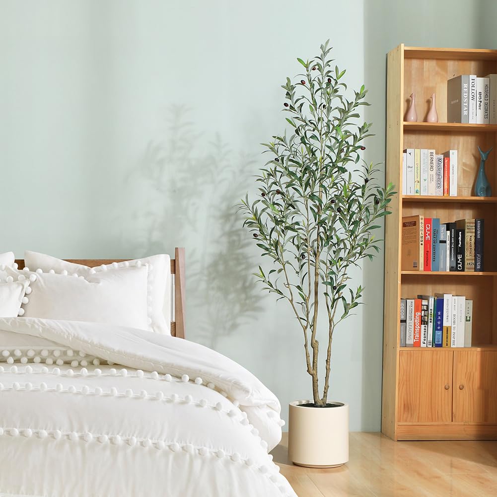 LOMANTO Artificial Olive Trees, 6 ft Tall Fake Olive Trees for Indoor, Faux Olive Silk Tree, Large Olive Plants with White Planter for Home Decor and Housewarming Gift, 1 Pack