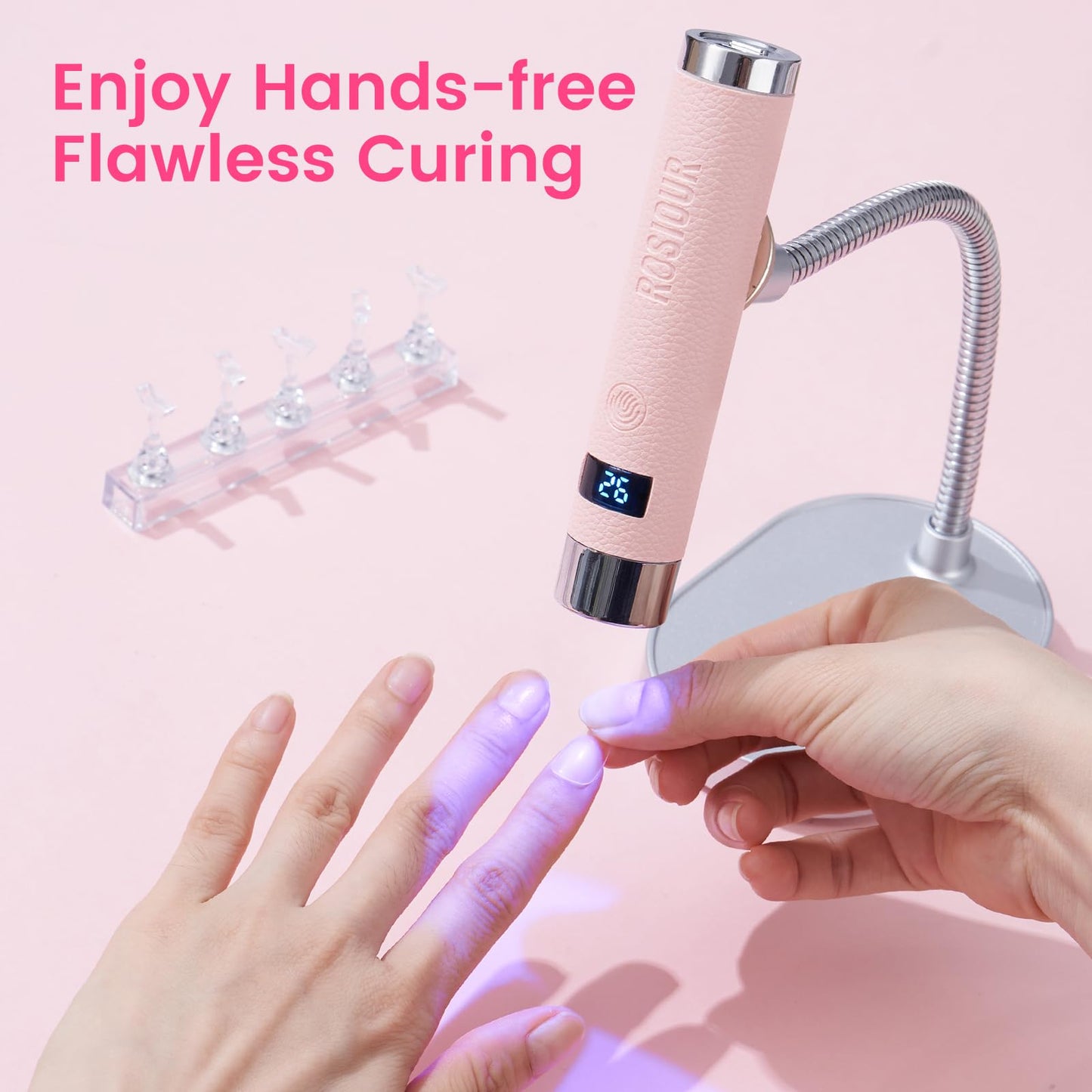 Rosiour Mini U/V Lamp for Gel Nails- Rechargeable Handheld Nail U V Led Curing Light with Stand- Flash Cure Fast Dry U/V Lamp with Auto Sensor for Home Manicure and Salon (Pink)