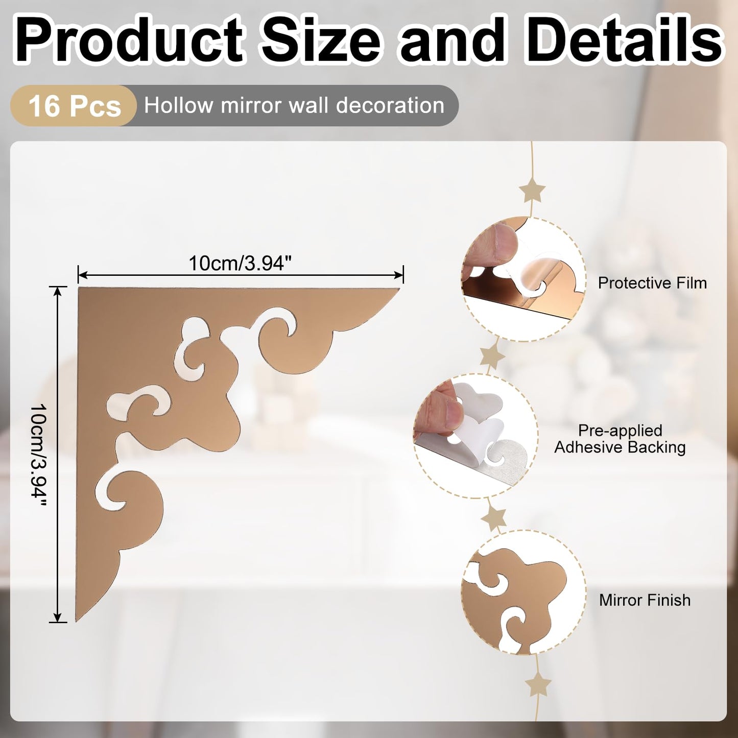 uxcell 16 Pcs Hollow Mirror Wall Stickers, Acrylic Corner Decorative Pattern Decals Self Adhesive Mirror Stickers for Bathroom Living Room Bedroom Ceiling Office (Brown, 4x4)