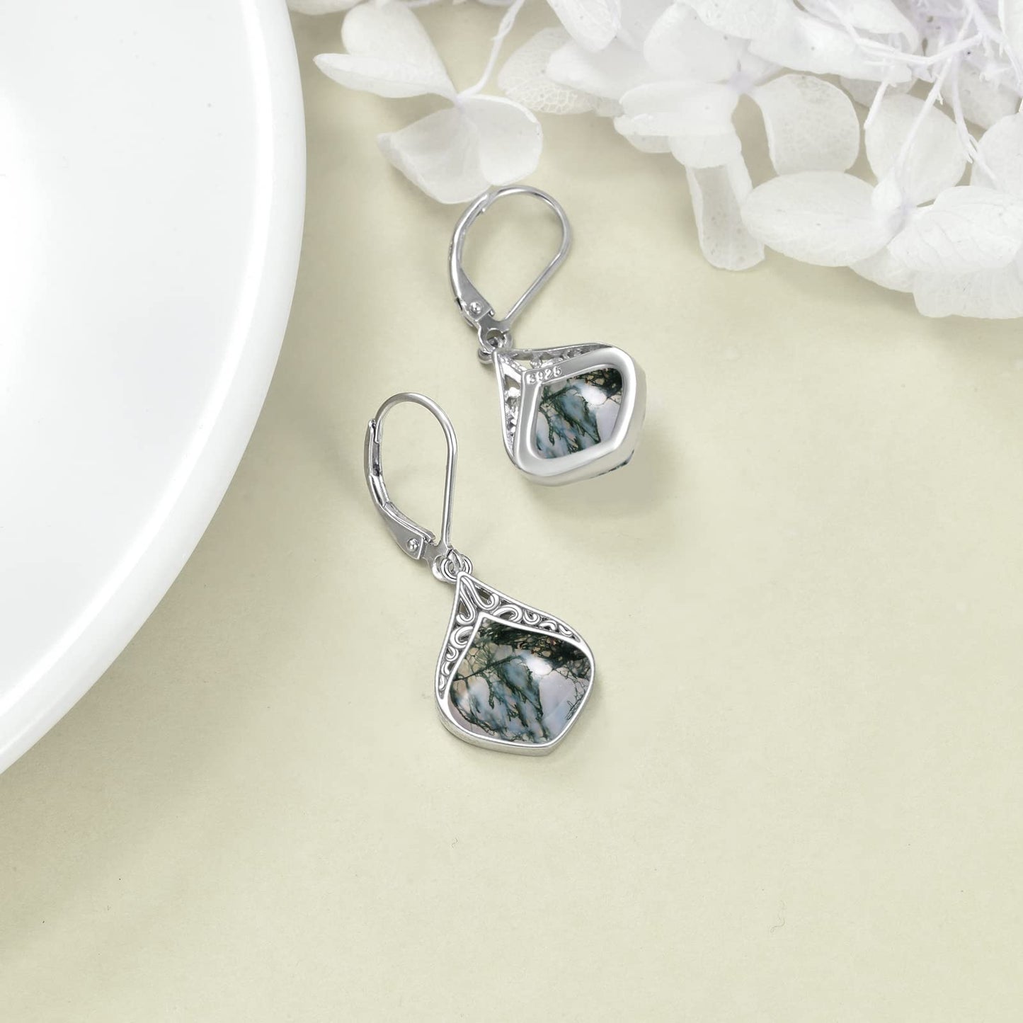 Moss Agate Earrings Sterling Silver Filigree Irish Celtic Teardrop Seaweed Agate Drop Earrings Jewelry Christmas Gifts For Women