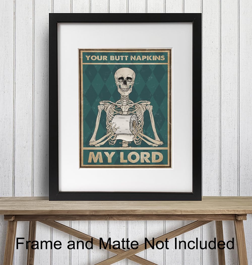 Spooky Bathroom Decor LARGE 11x14 - Skeleton Decoration - Funny Bathroom Wall Art - Your Butt Napkins My Lord - Humorous Bath Decor - Gothic Wall Art - Bath Accessories - Powder room Picture