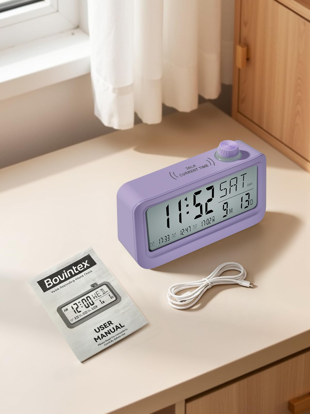 Bovintex Medication Pill Reminder, Rechargeable Talking Alarm Clock with 3 Custom Voice Recording Alarms, Touch-to-Talk, a Digital Alarm Clocks Gift for Mom/Dad/Seniors/Elderly(Pruple)