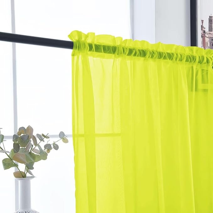 SpaceDresser Basic Rod Pocket Sheer Voile Window Curtain Panels Chartreuse 1 Pair 2 Panels 52 Width 54 Inch Long for Kitchen Bedroom Children Living Room Yard（Chartreuse, 52W x 54L）