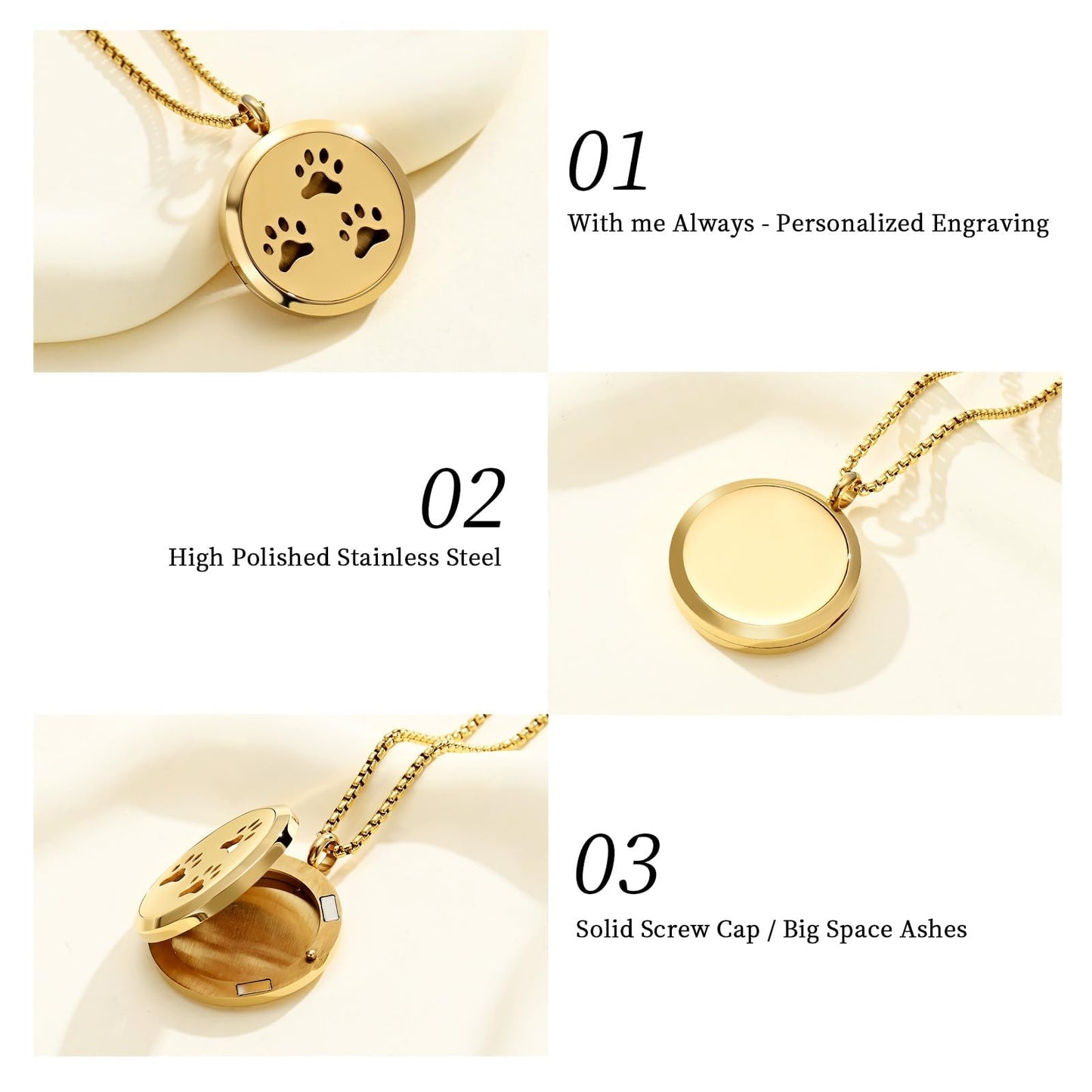 Minicremation Stainless Steel Paw Print Round Perfume Essential Oil Diffuser Pendant Necklace Women Aromatherapy Essential Oil Diffuser Locket Pendant Necklace, with Refill Pads