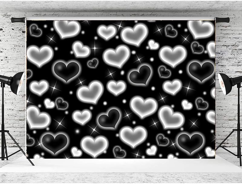 7X5ft Black White Heart Backdrop Aesthetic Love Photography Background Cute Hearts Pattern Photo Booth Banner for Valentine's Day Birthday Party Room Decoration - size: Black