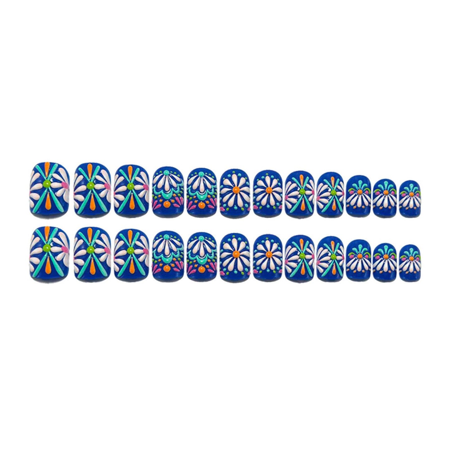 24Pcs 3D Flower Press on Nails Short, Square Fake Nails Press ons with Daisy Designs Blue False Nail Spring Summer Glue on Nail, Floral for Women Manicure Art Set