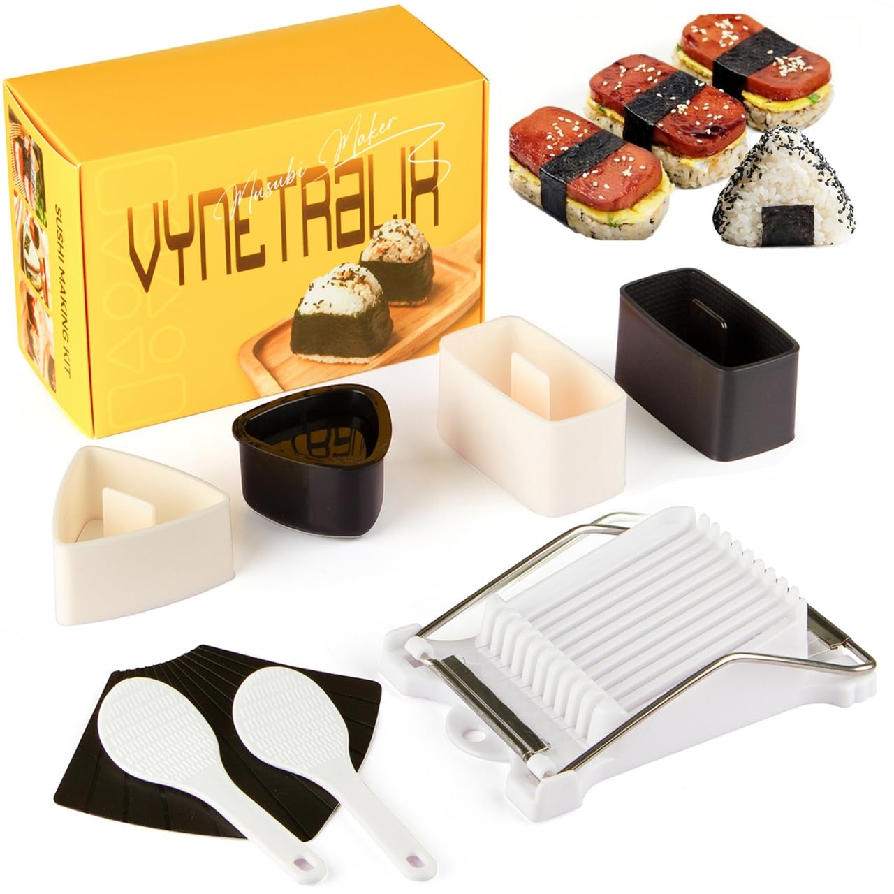 Musubi Press Mold Kit, Includes 2 Musubi Makers, 2 Onigiri Molds, 2 Rice Paddles, Temaki Roller & Luncheon Meat Slicer – Easy to Clean, Dishwasher Safe