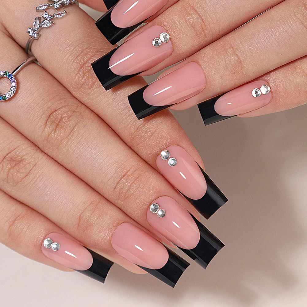 WAFOLOZE Black French Tip Press On Nails - Long Press On Nails Square Fake Nails with Two Crystal Diamonds, Artificial Nails 16 Sizes - 32Pcs False Nails Tips Kit, Stick On Nails for Women