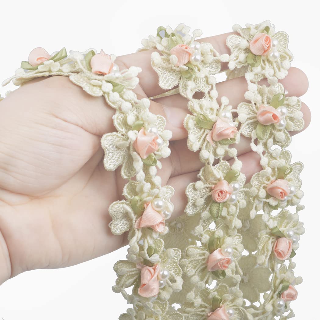 Kuasting 2 Yard Vintage Pearl Flower Ribbon Scallop Edge Trim Lace Fabric Sewing Lace Trim Handmade DIY Sewing Supplies for Dress Embellishment (Small Pearl lace)