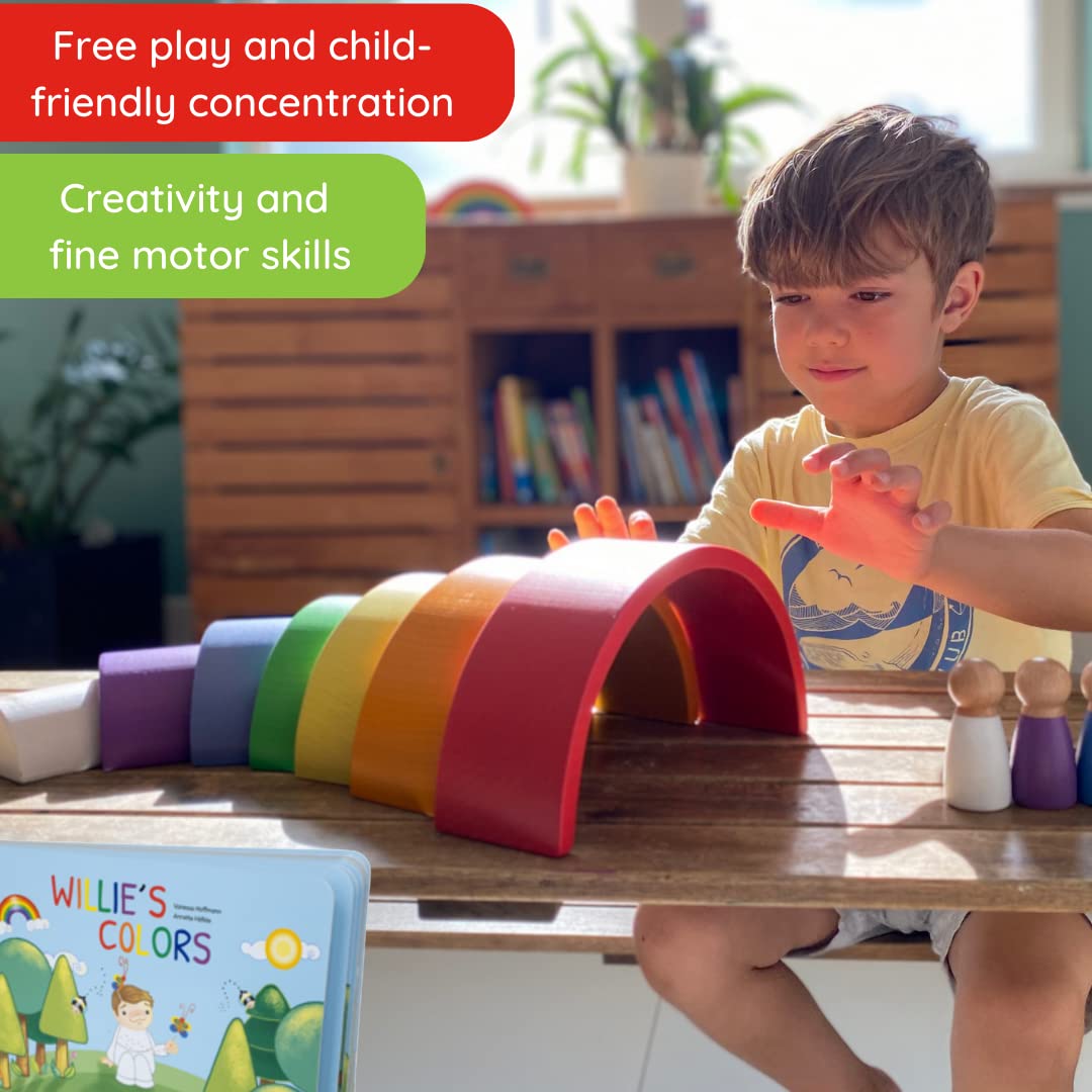 Montessori Wooden Rainbow Nesting Toy: Open-Ended Wooden Stacking Set with Arches, Peg Dolls & Story Book for Emotional Intelligence & Creative Play | Ages 3+ | 16 pcs | Premium Beechwood