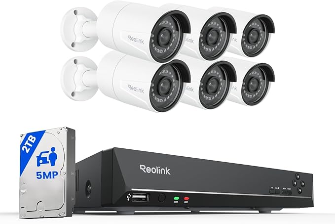 REOLINK 8CH 5MP Home Security Camera System, 6pcs Wired Outdoor PoE IP Cameras with Person/Vehicle/Pet Detection, 4K/8MP 8CH NVR with 2TB HDD for 24-7 Recording, RLK8-410B6-5MP
