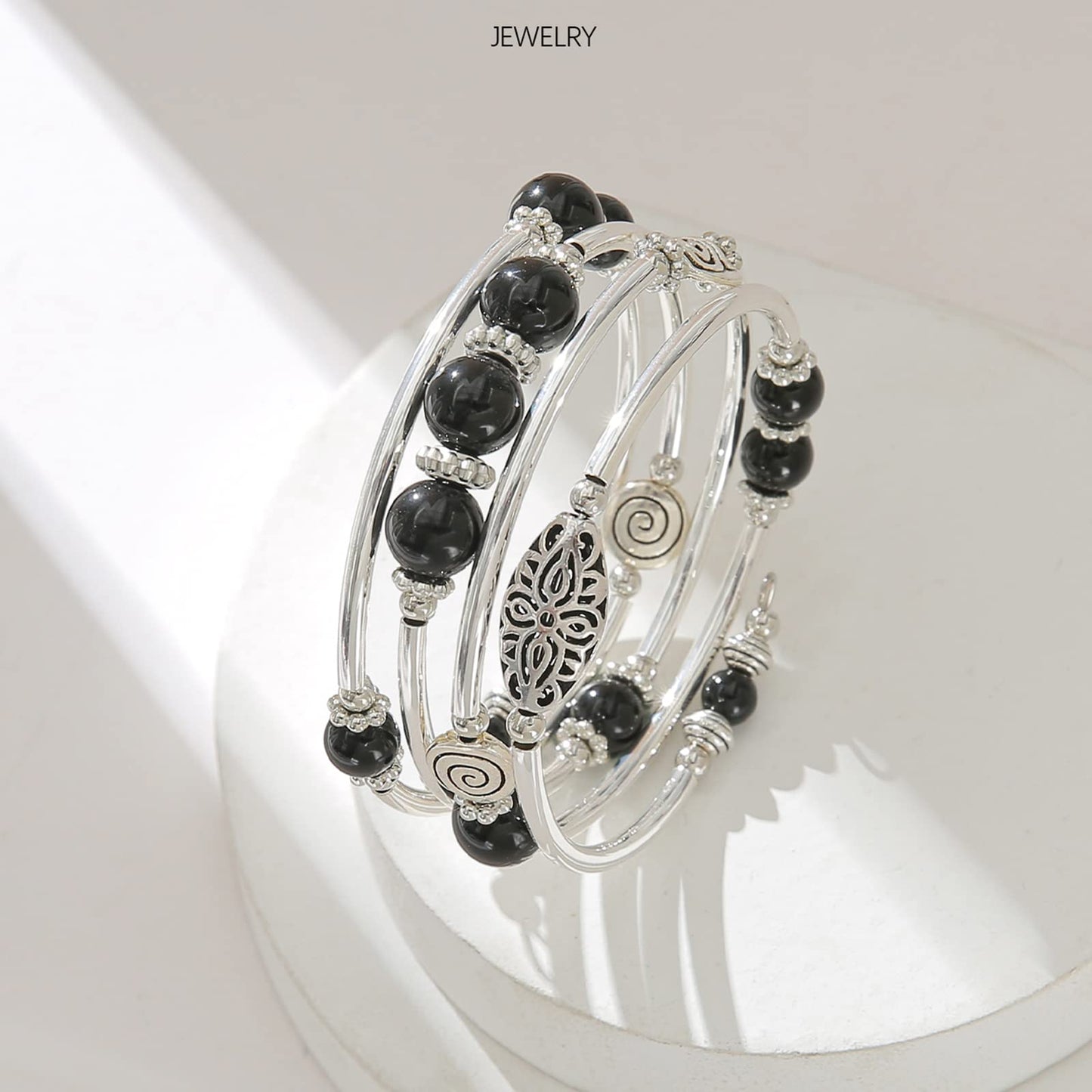 FULU AUTUMN Stackable Beaded Bracelets for Women Boho Wrap Silver Bracelet Layered Fashion Jewelry Gifts for Her(17-Black)