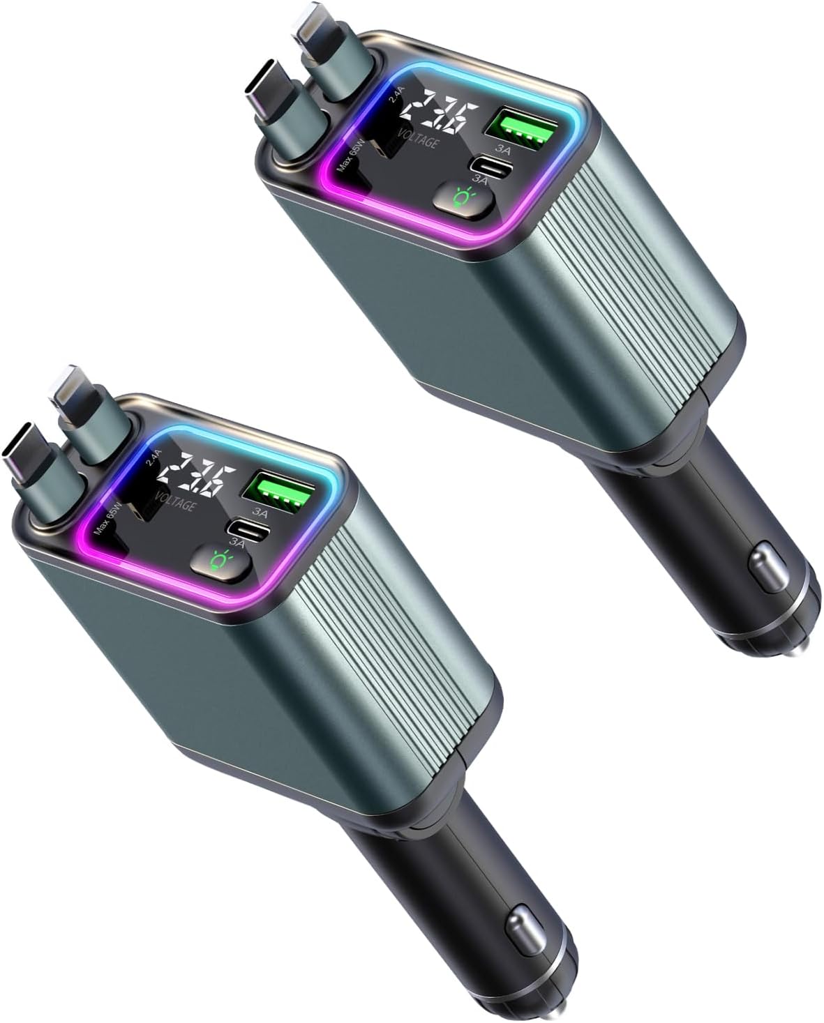 [2 Pack] 4 in 1 Retractable Car Charger with RGB Light, 92W Fast Charging USB C Car Adapter, Compact Car Phone Charger for iPhone/Galaxy/Pixel, Car Accessories for Women Men (Lightning + Type C Cable)