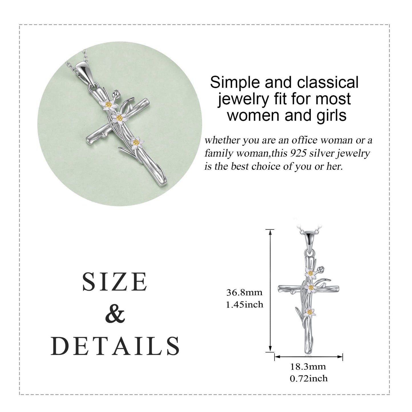 LUHE Women's Cross Necklace - Sterling Silver Daffodils Religious Cross Pendant - Jewelry Gift for Christmas or March Birth Flower