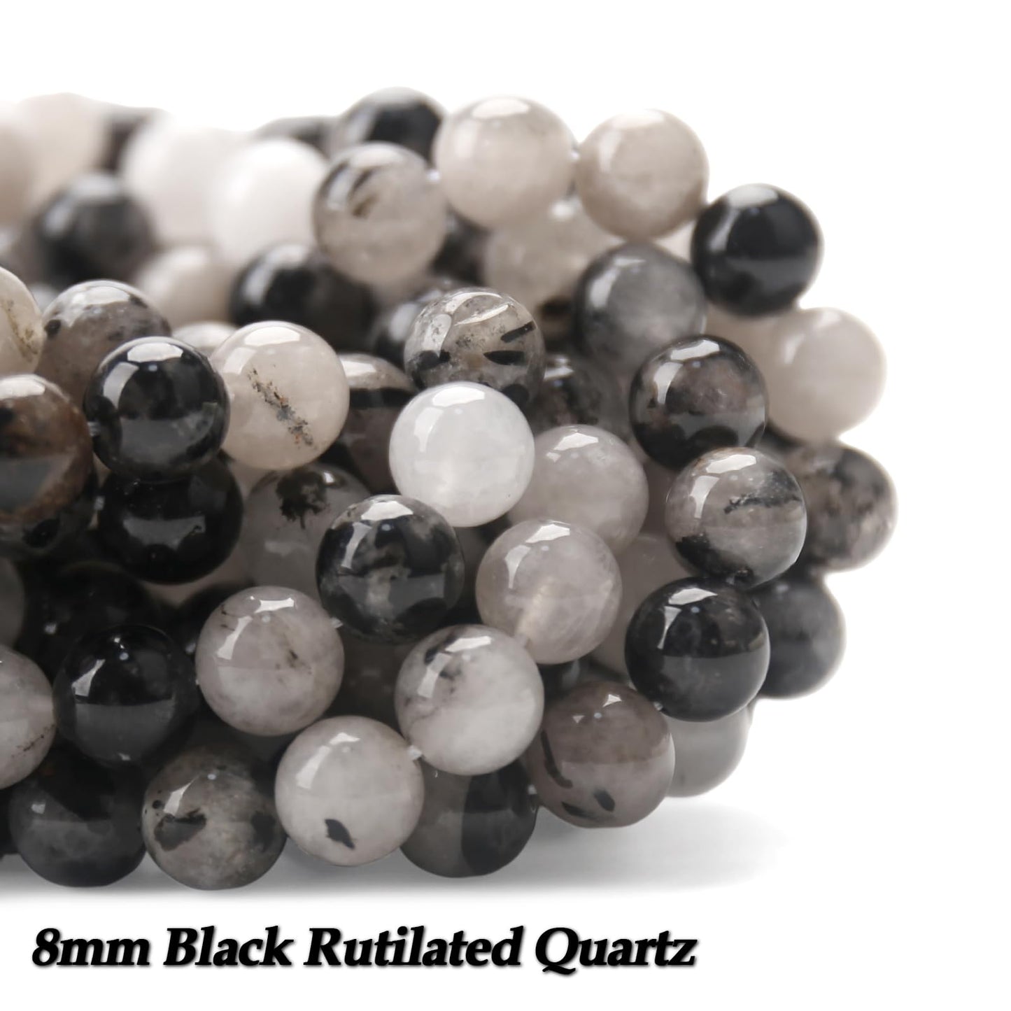 70PCS Natural 8MM Healing Gemstone, Black Rutilated Quartz Energy Stone Round Loose Beads, Semi-Precious Crystal Beads with Free Elastic String for Jewelry Making DIY