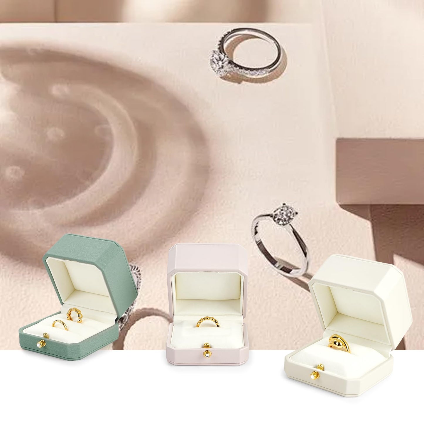 Oirlv Premium Leather Double Ring Box for Wedding Ceremony Engagement Ring Bearer Couple Jewelry Gift Box(White,Double)