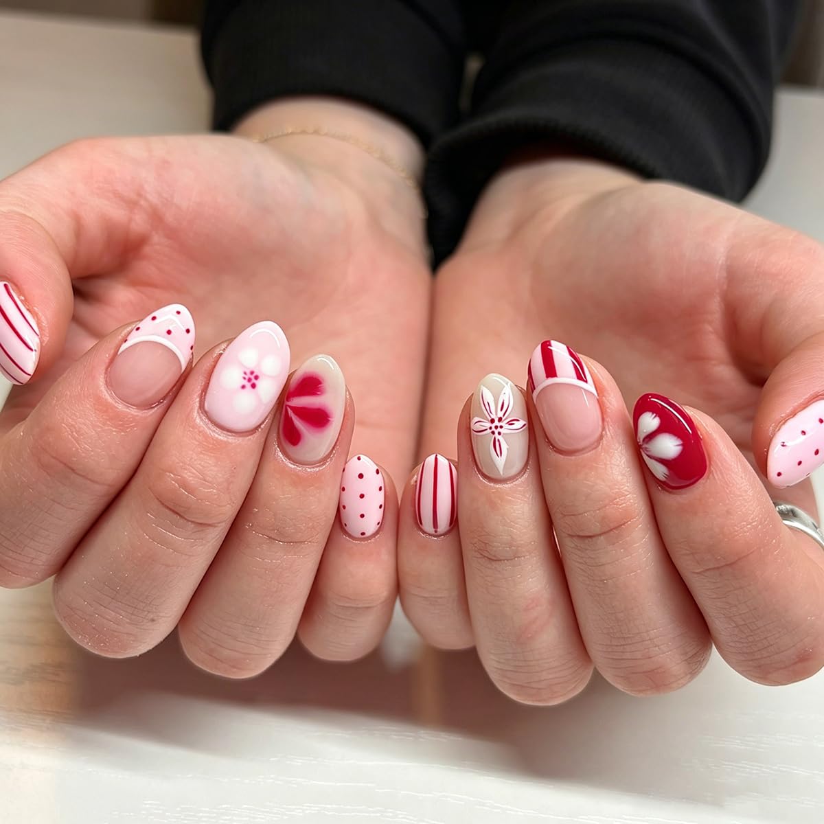 Short Almond Press on Nails Pink & Red Floral Mixed Print Fake Nails with Polka Dot & Stripes, Glossy Reusable Acrylic False Nails for Spring & Summer Daily Wear 24Pcs