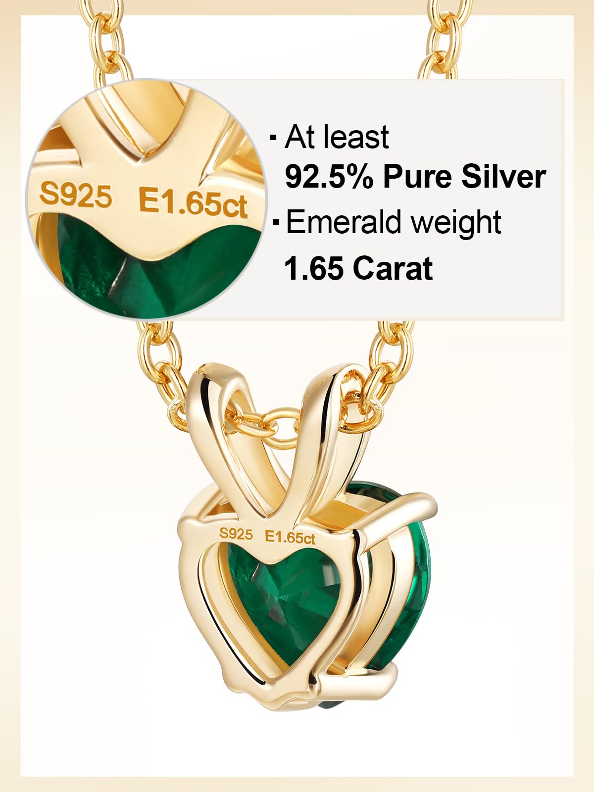 CYW 1 Carat Green Emerald Small Gold Heart Necklace for Women 925 Sterling Silver Solitaire Pendant Necklace