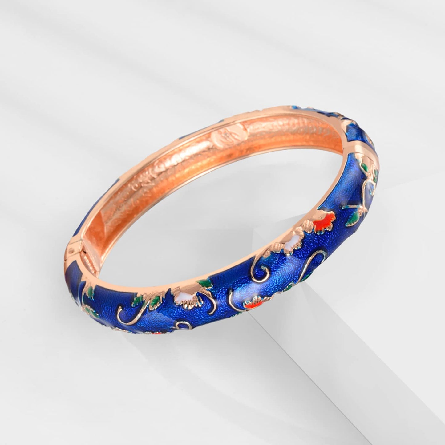 UJOY Handcrafted Cloisonne Bangle Bracelets Butterfly Enamel Metal Handcuff Jewelry Set Box Gift for Women 55A108-55B30 Navy Blue