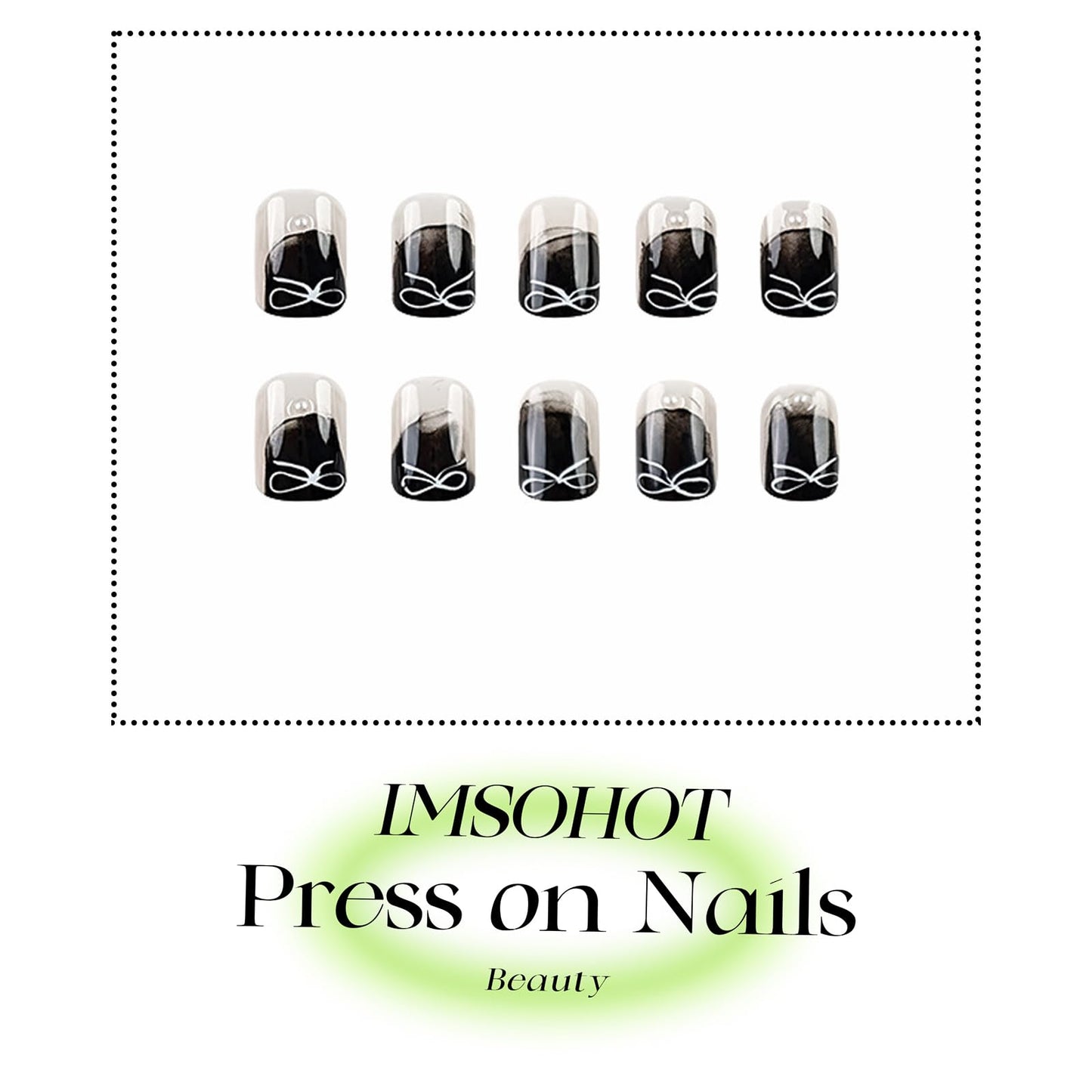 IMSOHOT Press on Nails Short Square Fake Nails Black French False Nails Artificial Full Cover Silver Bow Glue on Nails for Women Nail Decoration