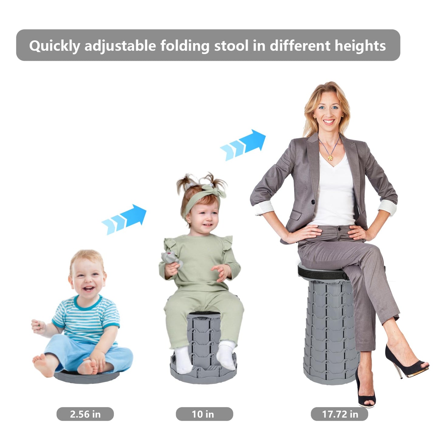 RizzQi Upgraded Collapsible Stool 450LBS - Adjustable Height (2.5"-18") Portable Telescoping Seat for Camping Hiking Indoor Office (Light Gray)