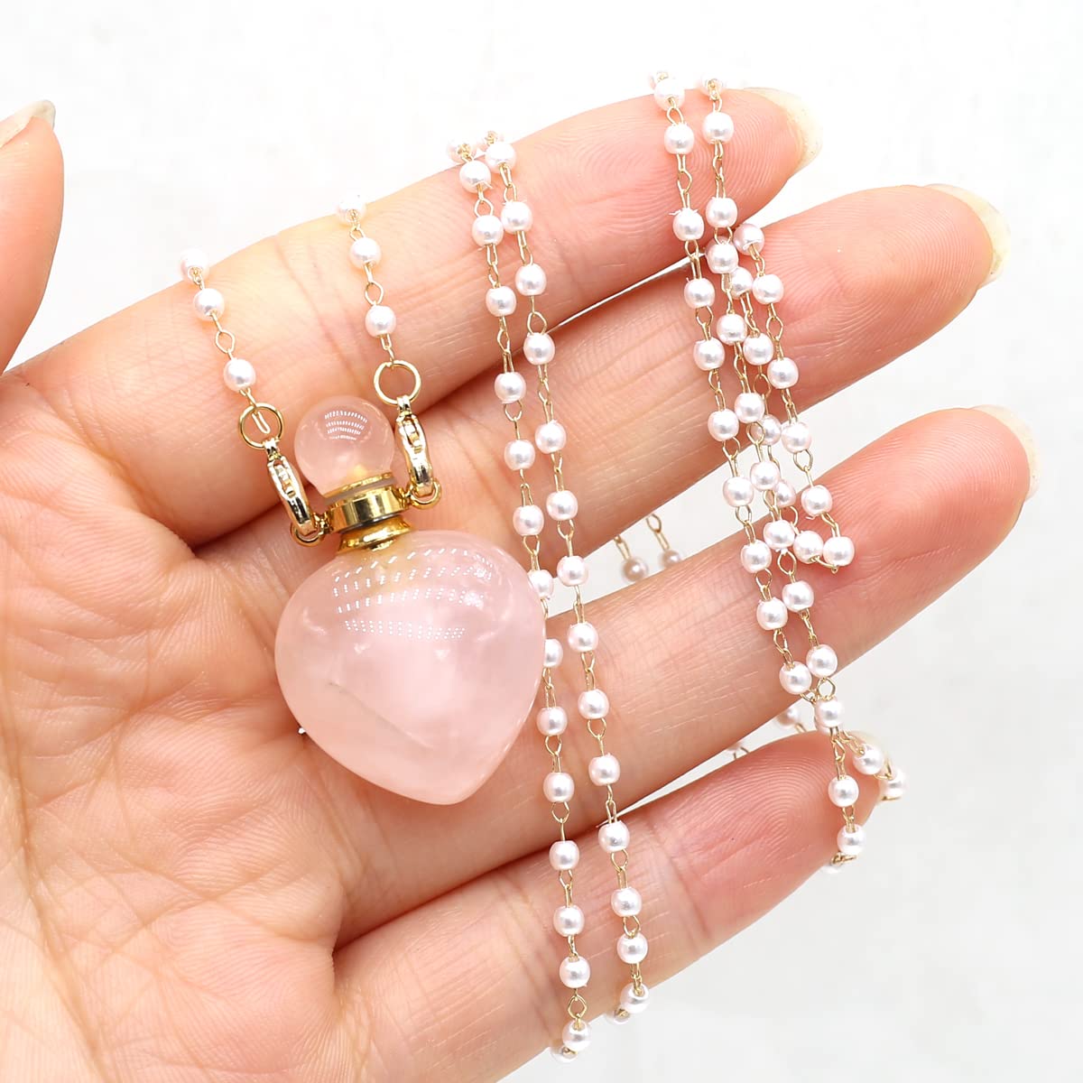 1pcs Natural Rose Quartz Stone Perfume Bottle Pendant Pearl Bead Chain Rectangle Heart Necklace for Women StonHealinge Essential Oil Diffuser Necklace Jewelry Essential Oil Diffuser