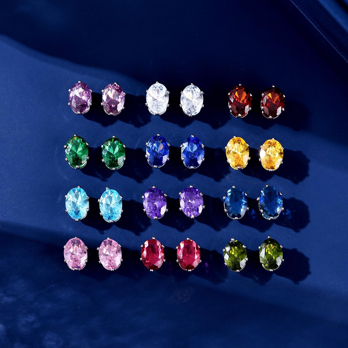 Spiritlele 12 Pairs Birthstone Magnetic Earrings Set Cubic Zirconia Clip on Non Piercing Fake Stud Earrings Birthday Gifts Unisex (Oval)