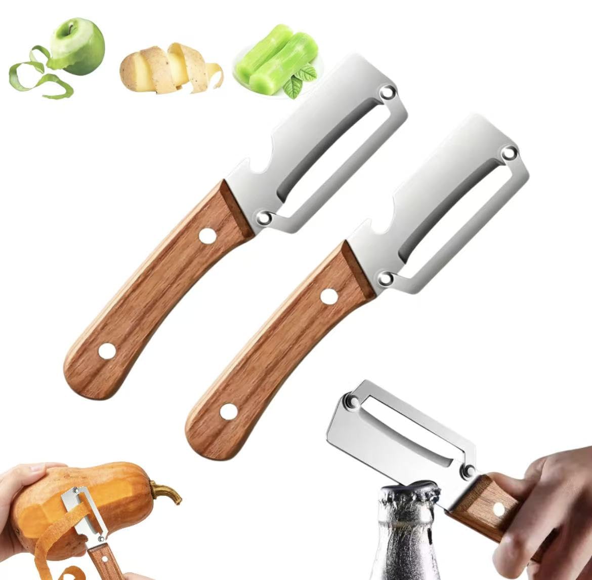 2 Pack Premium 2-in-1 Multi Functional Vegetable and Fruit Peeler with Bottle Opener, Wooden Handle, Stainless Steel Blade-Zero Snag, Smooth Glide Kitchen Tool for Potato, Carrot,Sugar Cane and More