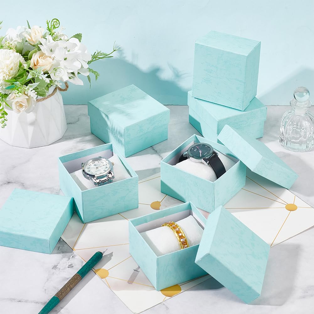BENECREAT 6 Pack Kraft Cardboard Watch Storage Gift Box, 3.2x3x2inch Rectangle Present Jewelry Box with Nonwoven Cloth Cushion for Bangle Wrist Watch Bracelet Packaging, Pale Turquoise