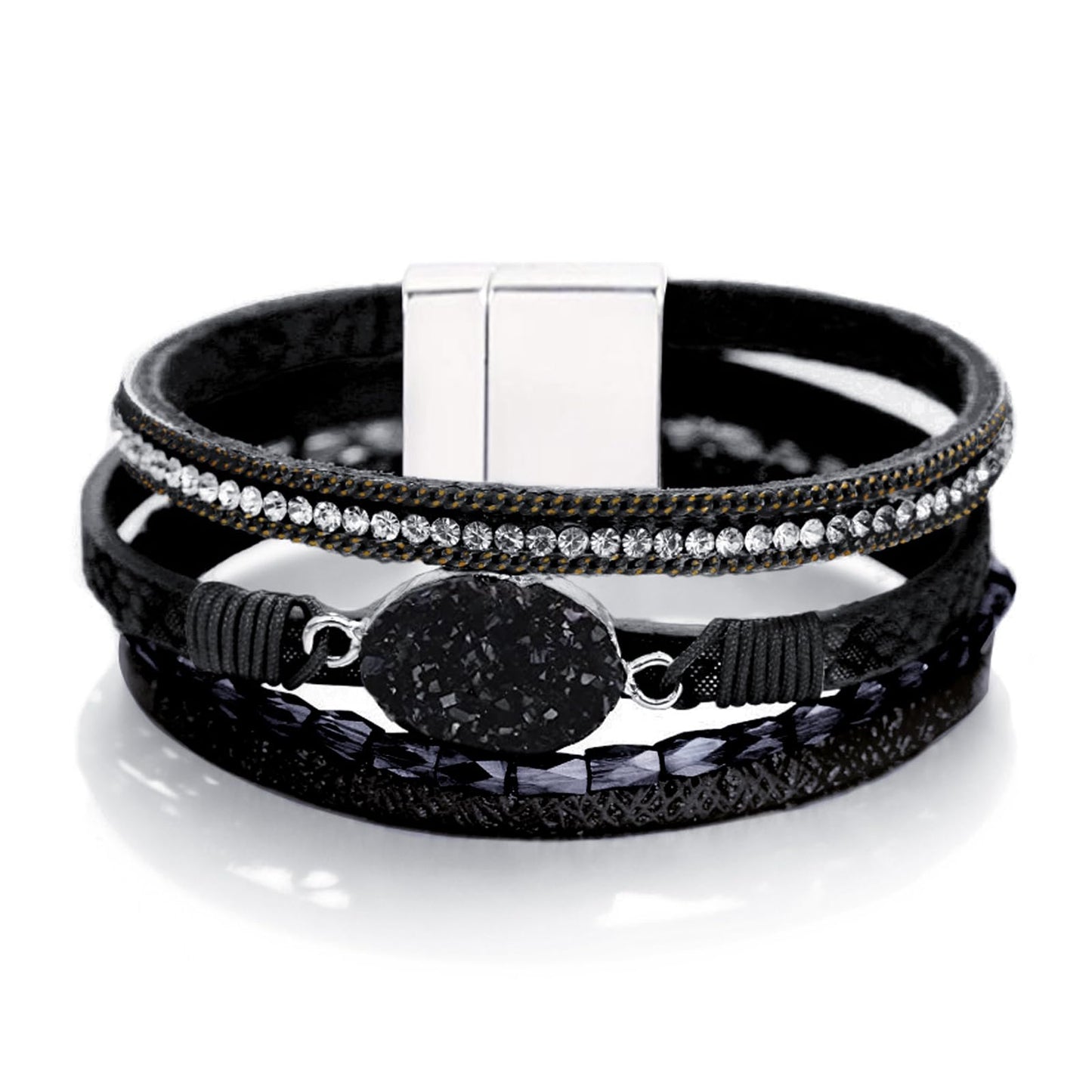 Fesciory Leopard Bracelet for Women, Boho Leather Wrap Multi-Layer Pearl Crystal Bracelet Bangle Jewelry(Black Stone(Short))