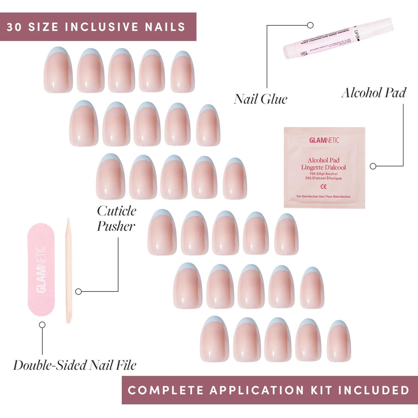 Glamnetic Press-On Nails Bundle - Into Blue & Fairy Dust | Glazed Short Oval Fake Nails with Periwinkle French Tips | Short Oval Beige-Pink False Nails with a Metallic Finish | Reusable, Salon-Quality
