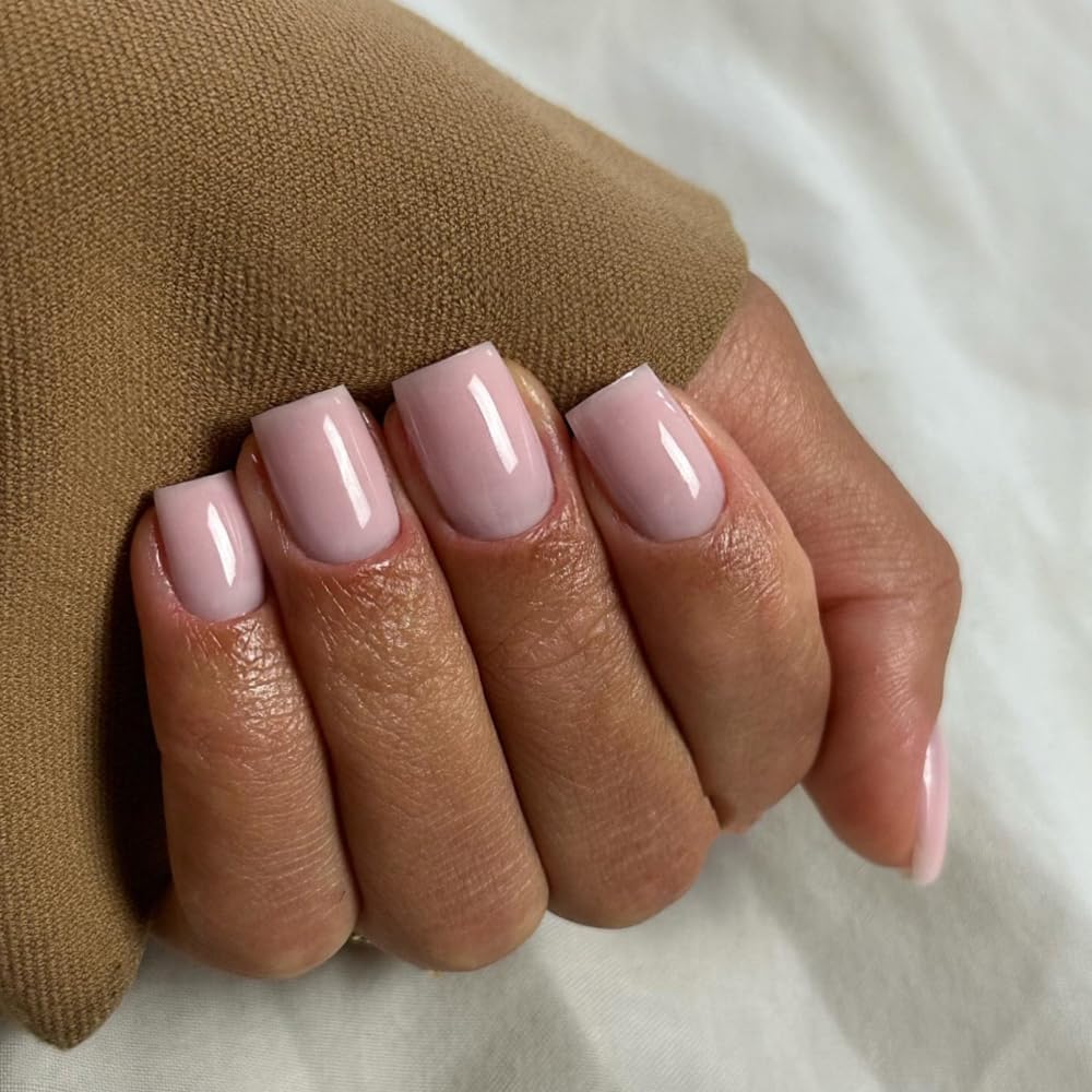 Dusty Pink Press on Nails Short Square, KXAMELIE Natural Gel Nails Glue on Acrylic Nails Press ons Featured Protective Coat Thick Reusable Fake Nails Solid Color 24 Short Coffin Artificial Nails