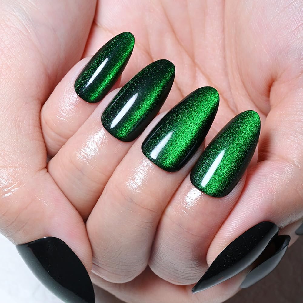 XZMeiLun Cat Eye Green Press On Nails Almond Medium Length, Magnetic Acrylic Fake Nails Stylish Design, Salon-Quality Shiny Finish, Reusable Stick On Nails Kit for Women, Daily Wear (No Glue Included)