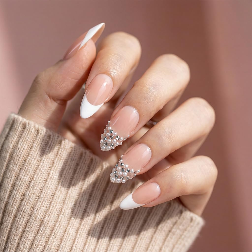 IntoVibes 10 Pieces Handmade Press On Nails Medium Almond, White Thickened French False Nails, Pearls And Rhinestone, Reusable Fake Nails Almond, Reusable Acrylic Nails (M)